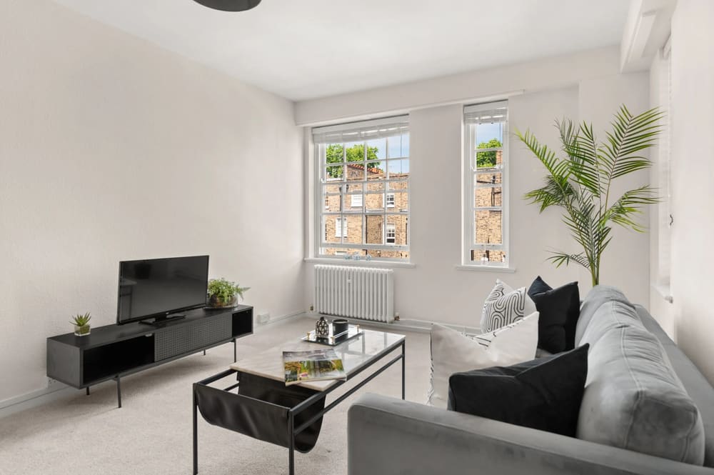 Dolphin House and Dolphin Square Apartments, Pimlico: Living room with TV, grey sofa and sash windows