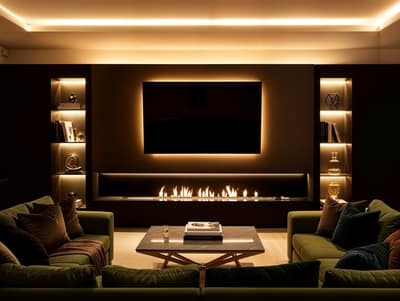 Aster & Row Fulham Townhouse, Fulham: Cinema room with dark sofas and large screen