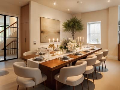 Aster & Row Fulham Townhouse, Fulham: Dining area with wooden table and upholstered chairs