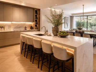 The King’s Road Residence, Chelsea: Kitchen with stone island and pendant lights