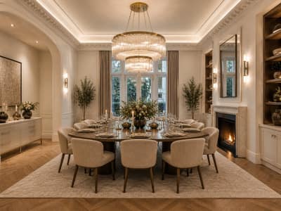 Aster & Row Knightsbridge Townhouse, Knightsbridge: Dining table beneath chandelier beside paneled walls