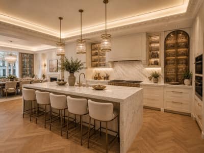 Aster & Row Knightsbridge Townhouse, Knightsbridge: Kitchen with stone island and upholstered stools