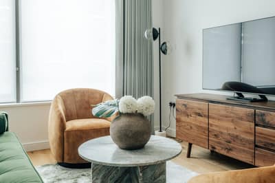 Apartment One, Three Kings Yard, Mayfair: Living room with seating and dining table