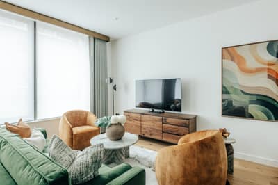 Apartment One, Three Kings Yard, Mayfair: Living room with seating and dining table