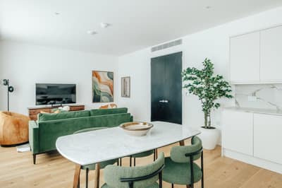 Apartment One, Three Kings Yard, Mayfair: Living room with seating and dining table
