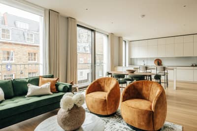 Apartment Two, Three Kings Yard, Mayfair: Living room with seating and dining table