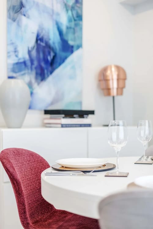 Mayfair Mews Apartment I, Mayfair: Copper pendant light over a sideboard