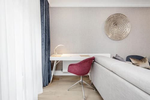 Mayfair Mews Apartment I, Mayfair: Desk with magenta chair beside the sofa