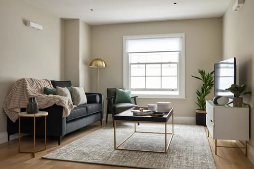 Chancery Lane Apartments, Holborn: Living room with dark sofa and sash window