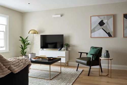 Chancery Lane Apartments, Holborn: Living room with TV and green armchair