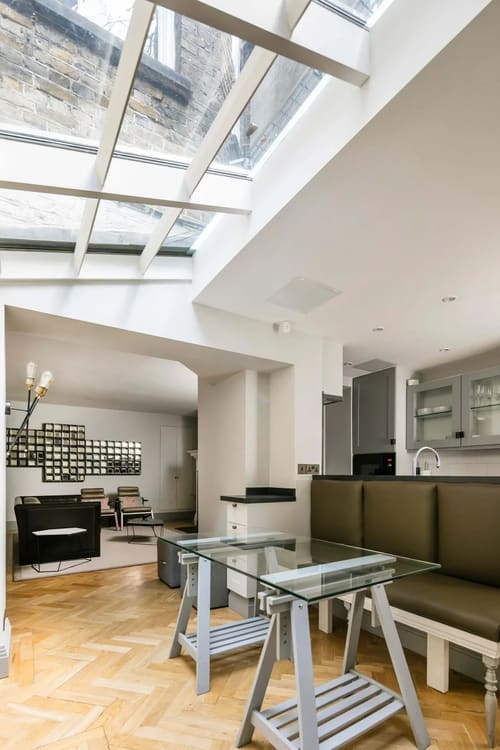 Prime Mayfair 1 bedroom no.3, W1K, Mayfair: Open-plan living space under a skylight