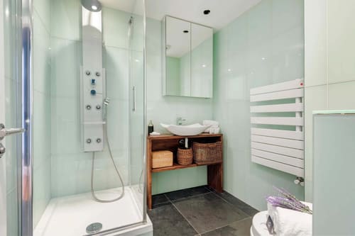 Covent Garden 3 bedroom, Covent Garden: Shower room with glass panel and towel radiator