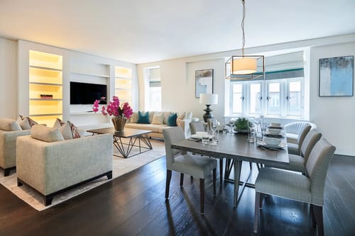 Duke St, W1K, Mayfair: Living and dining room with pendant light