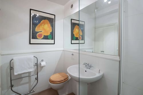 Central Mayfair 2 bedroom, Mayfair: Bathroom with glass shower and bold artwork