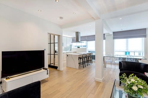 Hyde Park Gate, Kensington: Open-plan living and kitchen area with columns