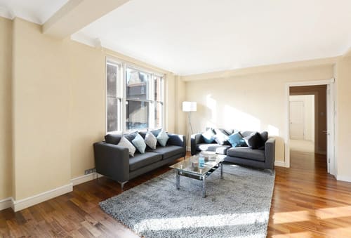 Hill St, W1K, Mayfair: Living room with grey sofas and patterned rug