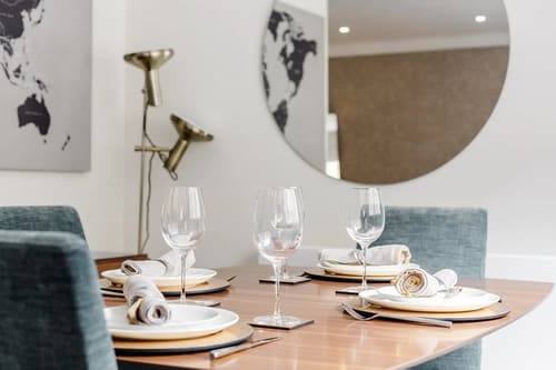 Mayfair Mews Apartment III, Mayfair: Dining table laid with glasses and napkins