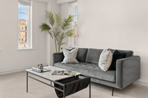 Dolphin House and Dolphin Square Apartments, Pimlico: Grey sofa with patterned cushions and palm