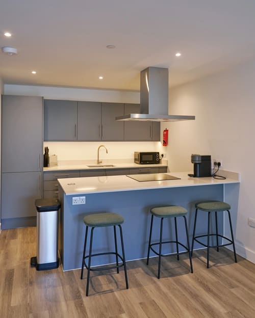 The Kings Cross Apartments, King's Cross: Kitchen island with hob and green stools
