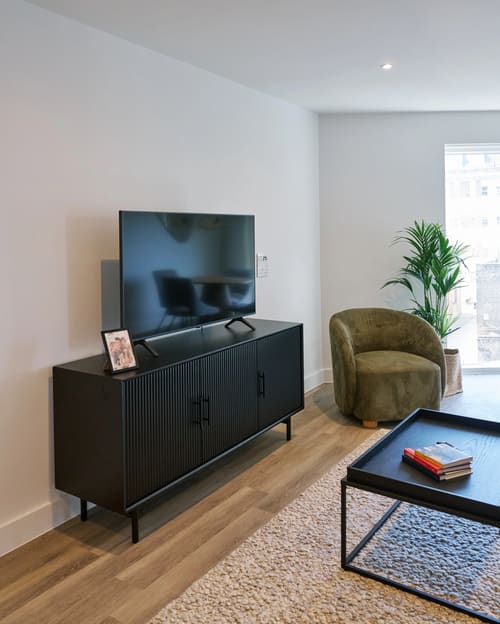 The Kings Cross Apartments, King's Cross: TV cabinet and green velvet armchair