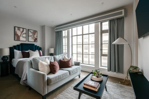 The Spitalfields Urban Rest Apartments, East London: Living room with grey sofa and tall windows