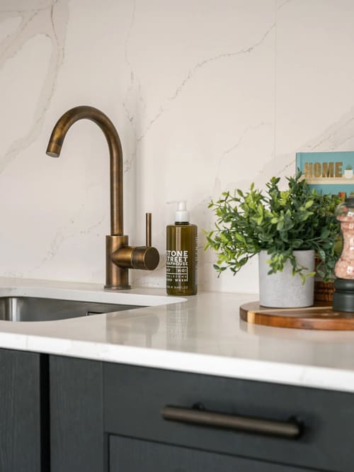 The Spitalfields Urban Rest Apartments, East London: Brass kitchen tap and hand wash