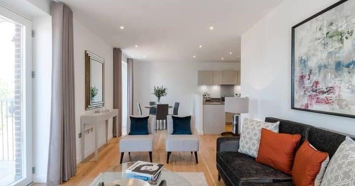 Eight On Danvers, Battersea: Open living and dining area with pale flooring
