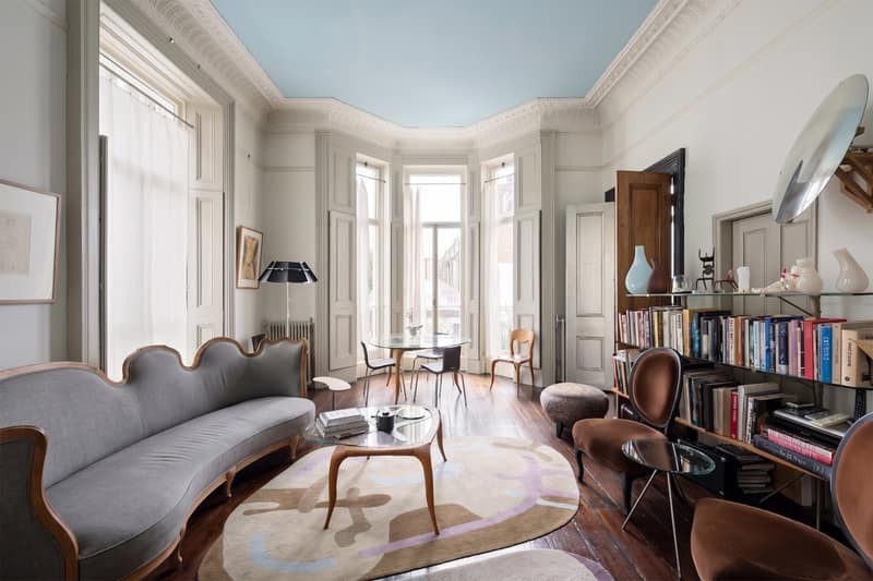 Glendower Place, South Kensington: Grey sofa and armchair in high-ceilinged sitting room