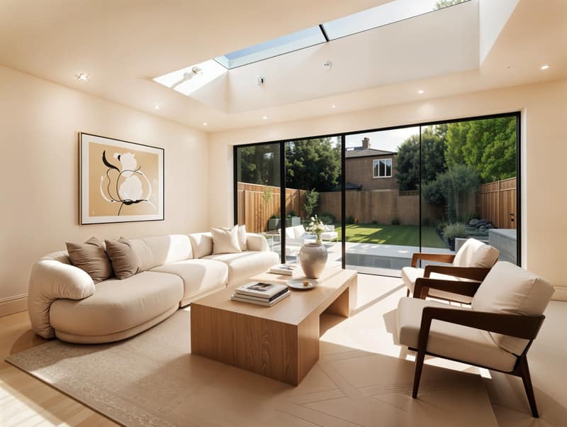 Aster & Row Fulham Townhouse, Fulham: Living room with pale sofas facing garden doors