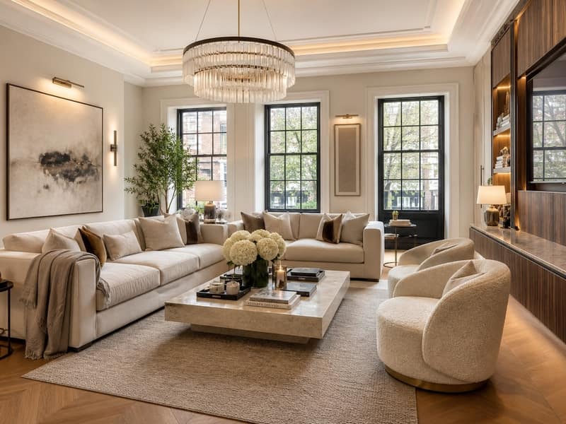 The King’s Road Residence, Chelsea: Living room with pale sofas and garden view