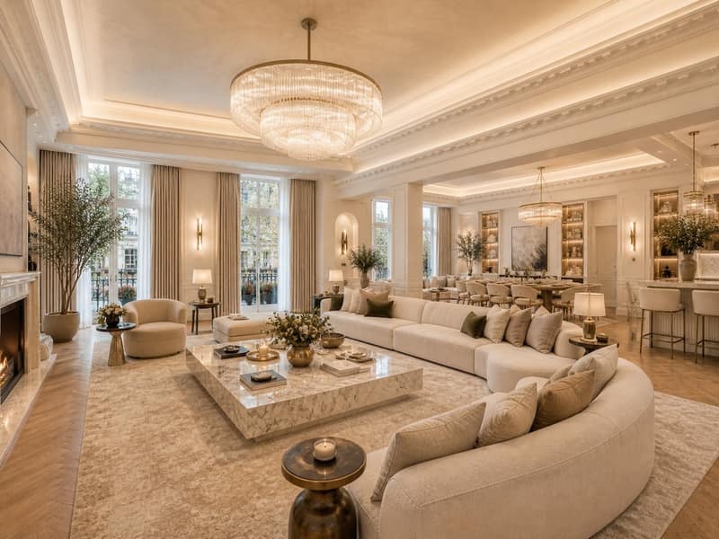 Aster & Row Knightsbridge Townhouse, Knightsbridge: Living room with pale sofas and ornate ceiling
