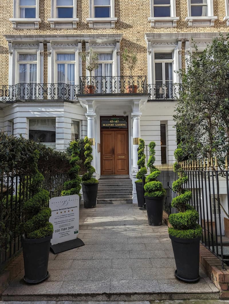 Beaufort House, Knightsbridge: Terraced building with railings and entrance steps