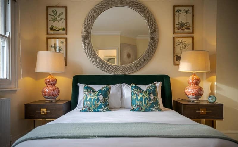 Kinnerton Street Three Bedroom House, Belgravia: Bedroom with green headboard and circular wall mirror