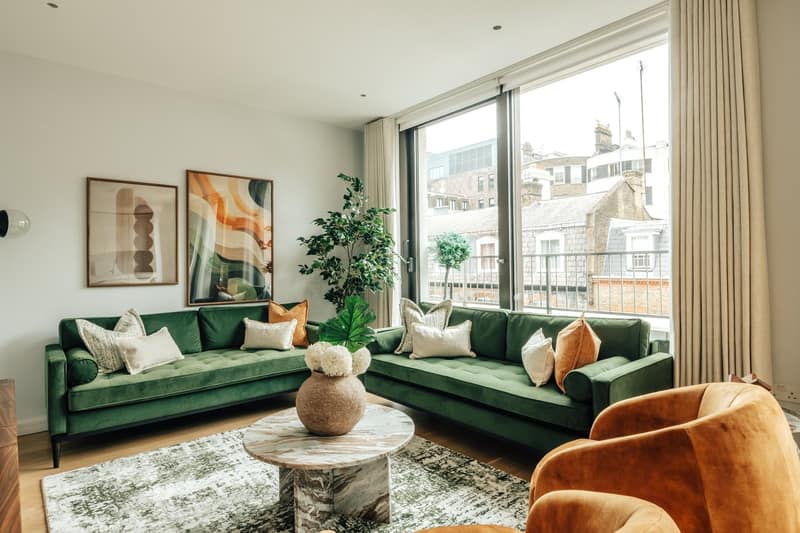 Apartment Three, Three Kings Yard, Mayfair: Living room with seating and dining table